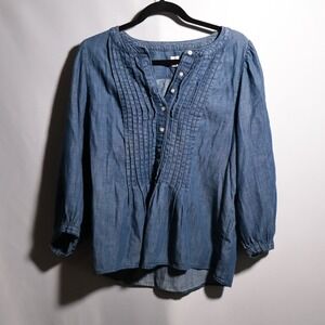GAP Women's Blue Chambray Pleated Tunic Shirt Long Sleeve Size L Country Boho‎